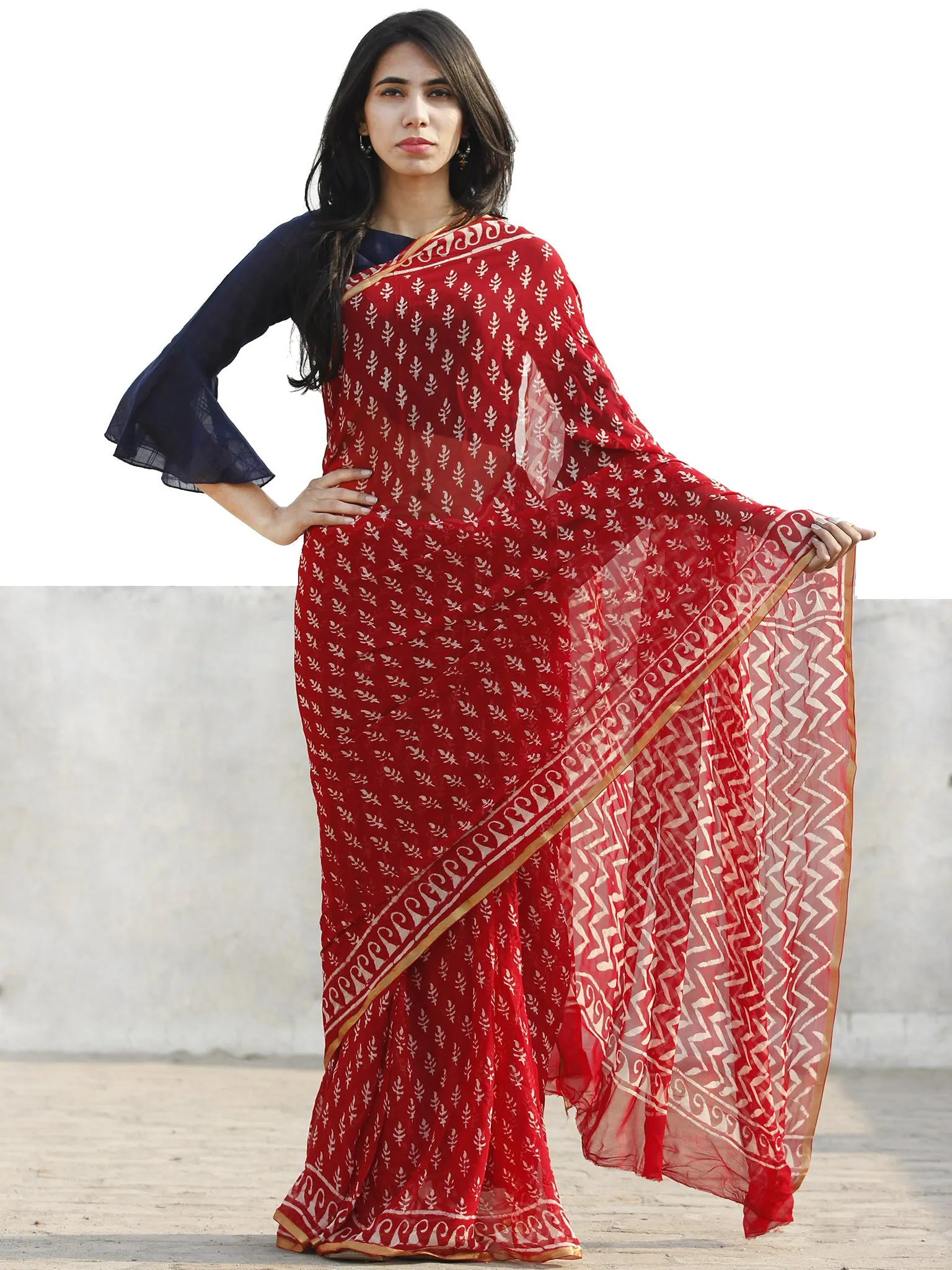 Red and White  Hand Block Printed Chiffon Saree with Zari border- S031702691