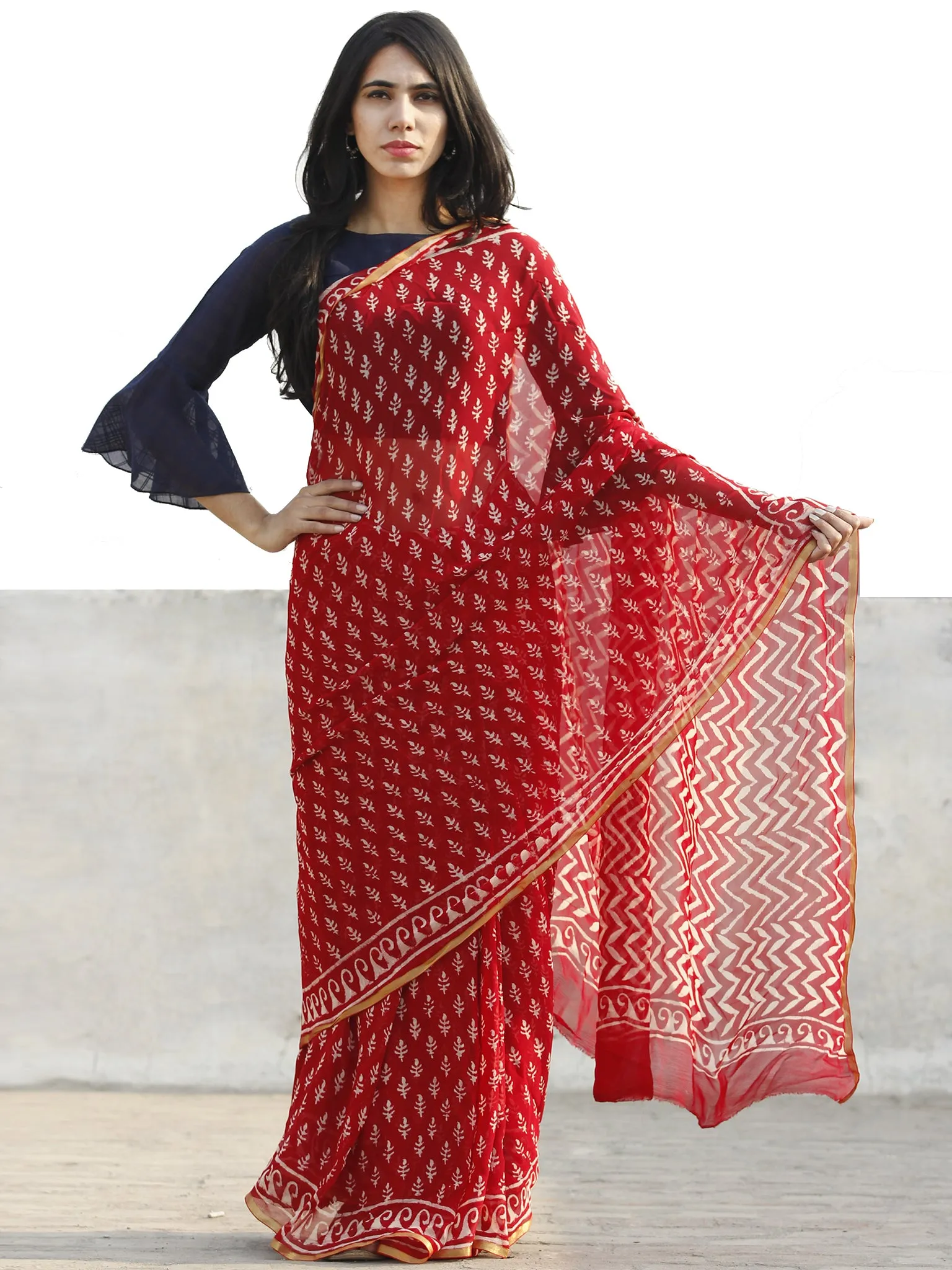 Red and White  Hand Block Printed Chiffon Saree with Zari border- S031702704