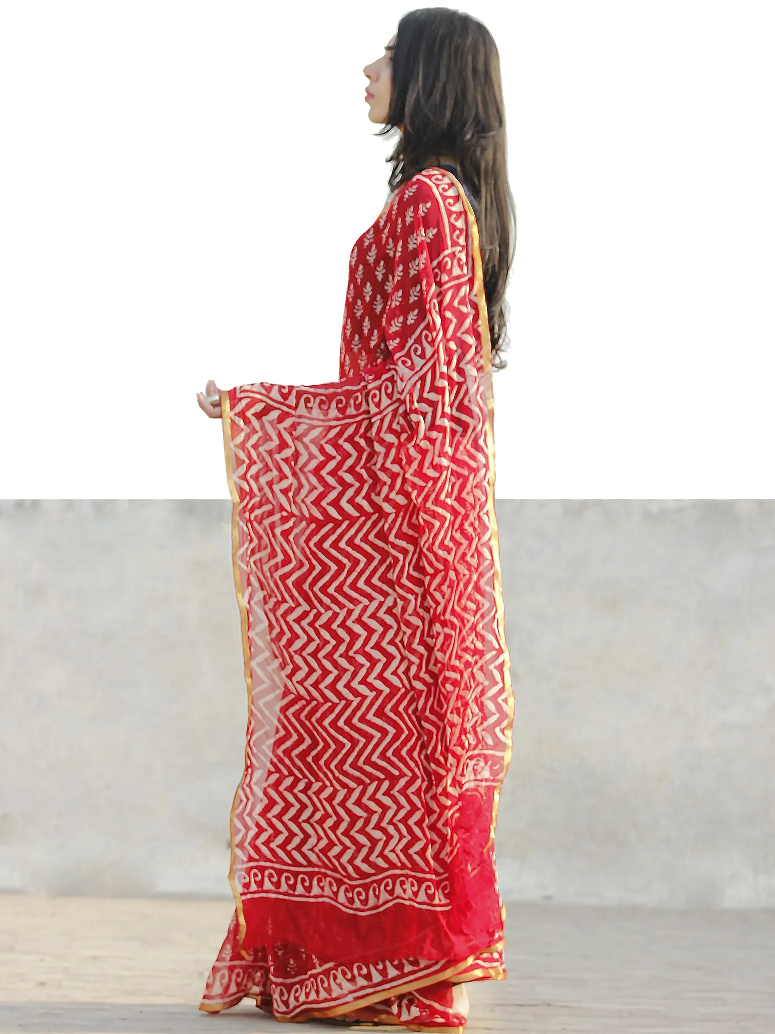 Red and White  Hand Block Printed Chiffon Saree with Zari border- S031702704