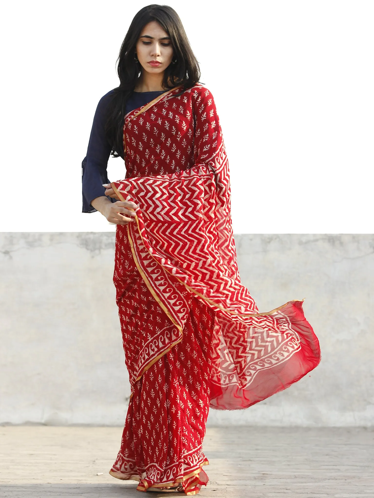 Red and White  Hand Block Printed Chiffon Saree with Zari border- S031702704