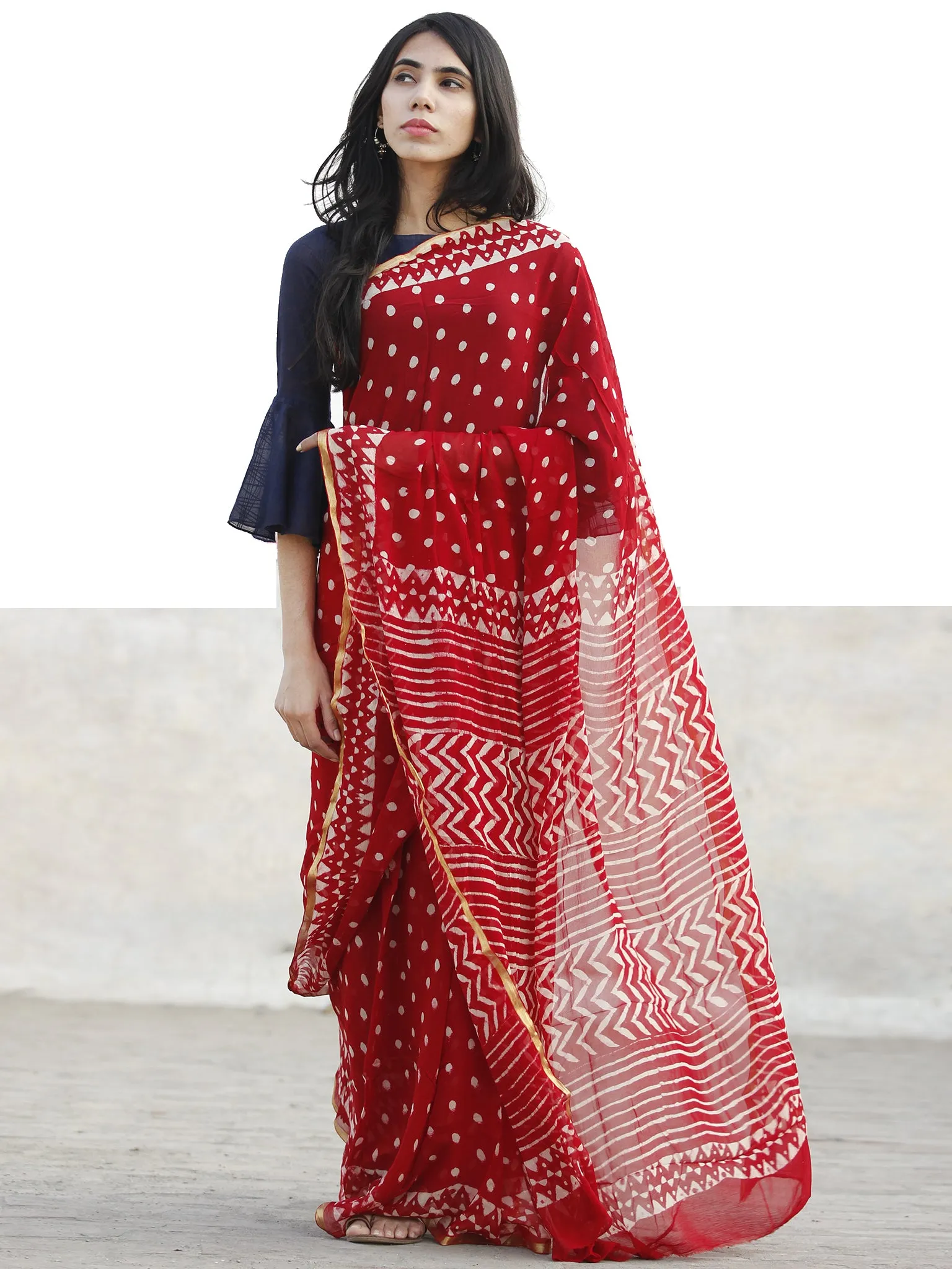 Red and White  Hand Block Printed Chiffon Saree with Zari border- S031702722