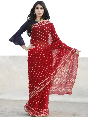 Red and White  Hand Block Printed Chiffon Saree with Zari border- S031702722