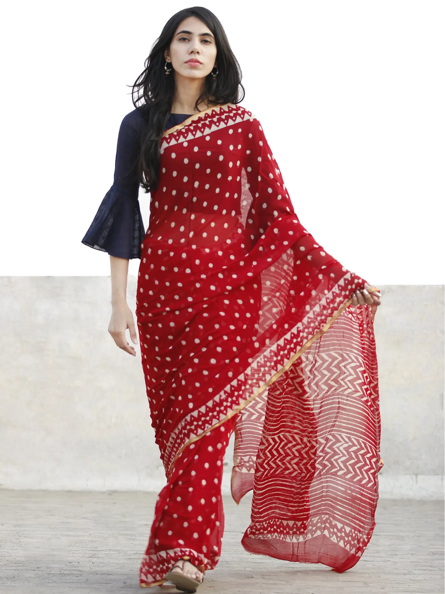 Red and White  Hand Block Printed Chiffon Saree with Zari border- S031702722