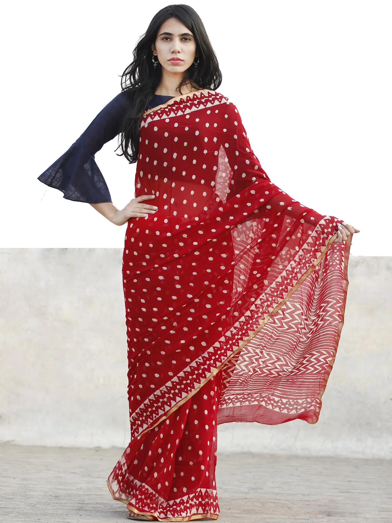 Red and White  Hand Block Printed Chiffon Saree with Zari border- S031702722