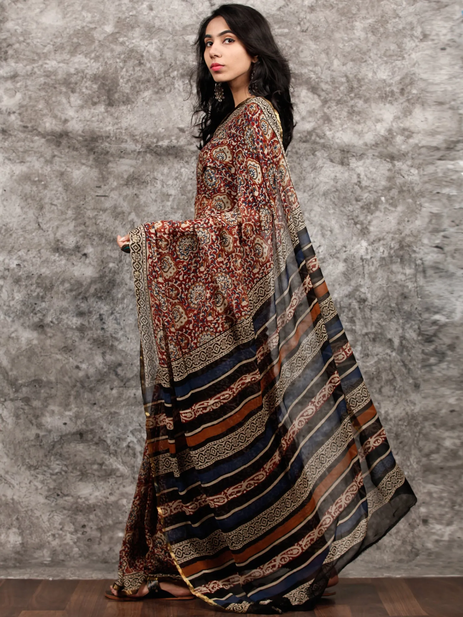 Red Beige Black Hand Block Printed Chiffon Saree with Zari Border - S031703490