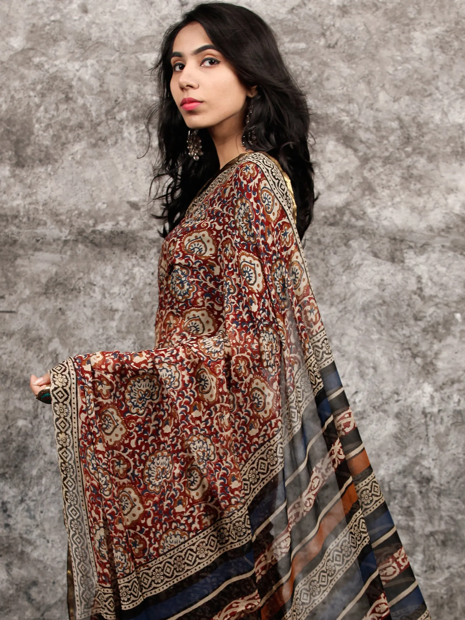 Red Beige Black Hand Block Printed Chiffon Saree with Zari Border - S031703490