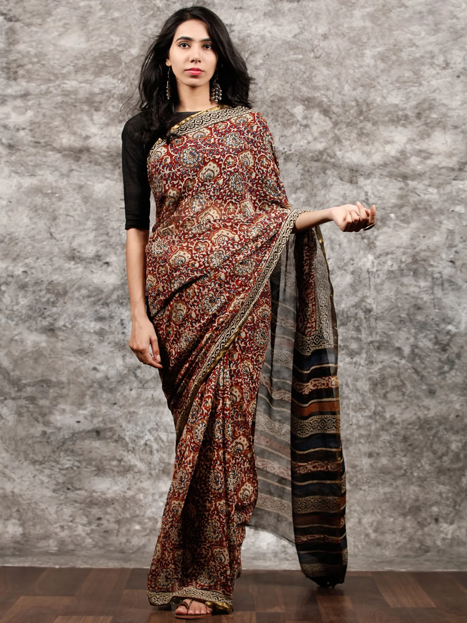 Red Beige Black Hand Block Printed Chiffon Saree with Zari Border - S031703490