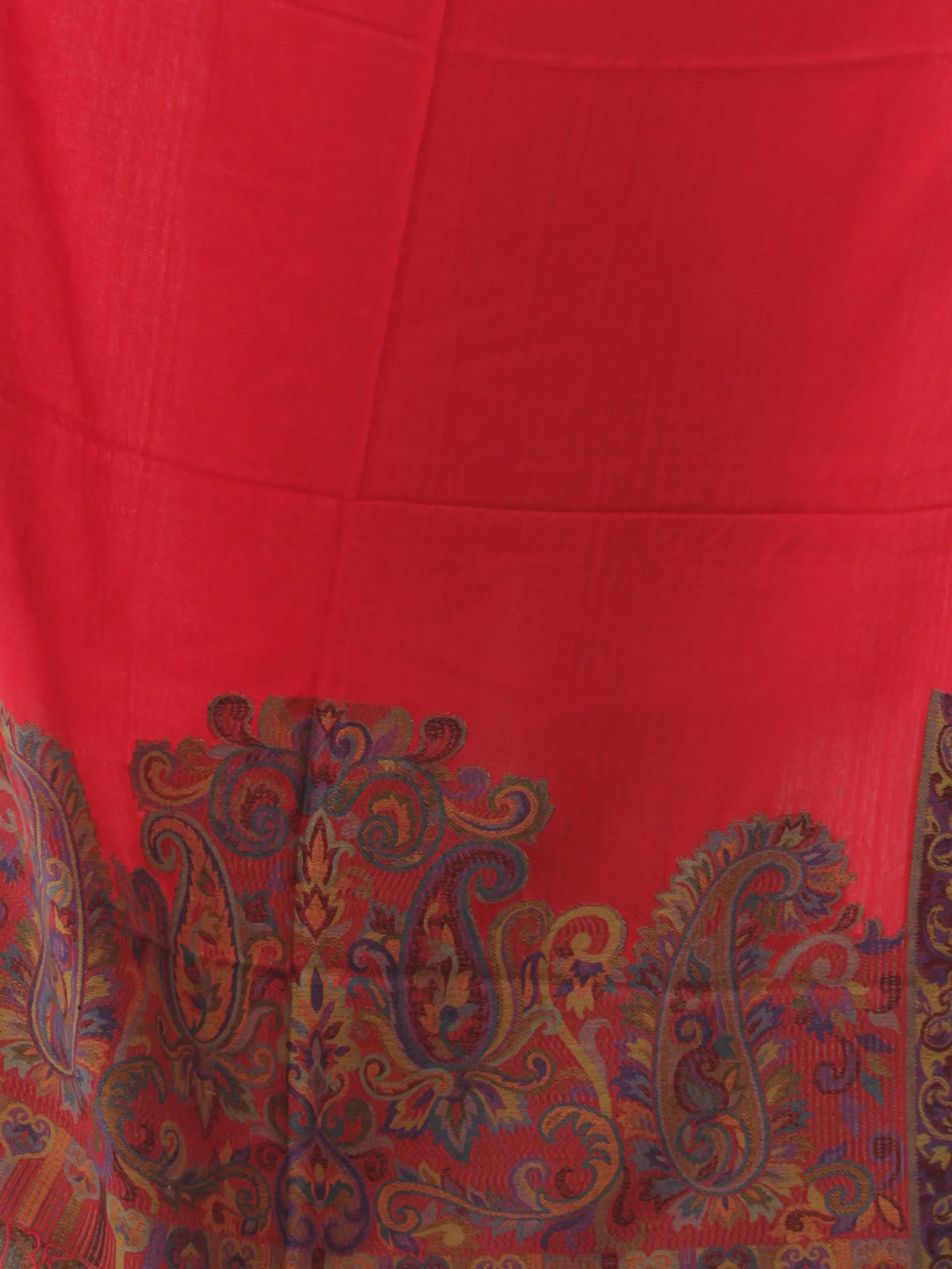 Red Multi Color Paisly Weaved Border Silk Wool Kashmiri Stole - S200567