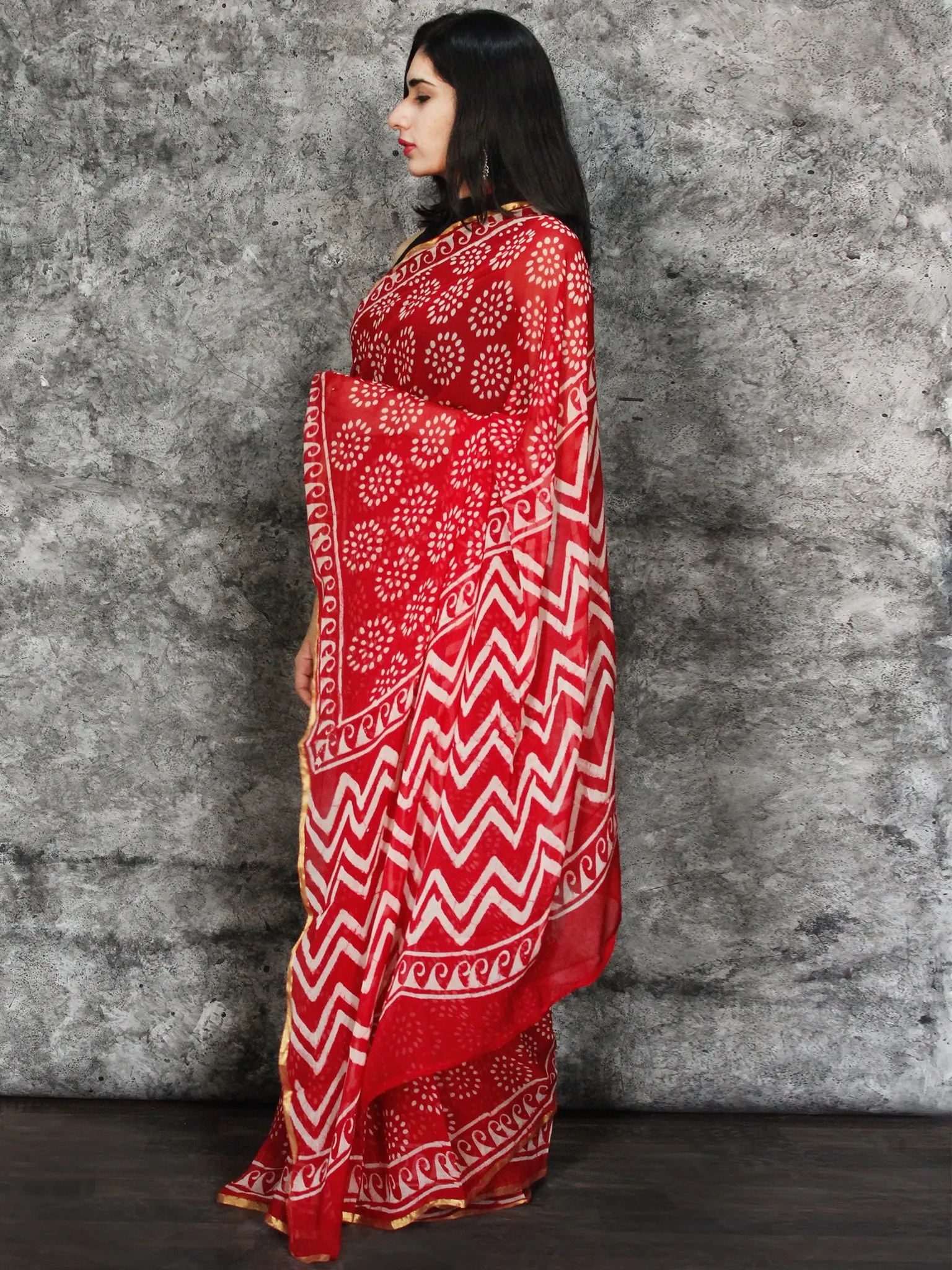 Red White Hand Block Printed Chiffon Saree with Zari Border - S031703117