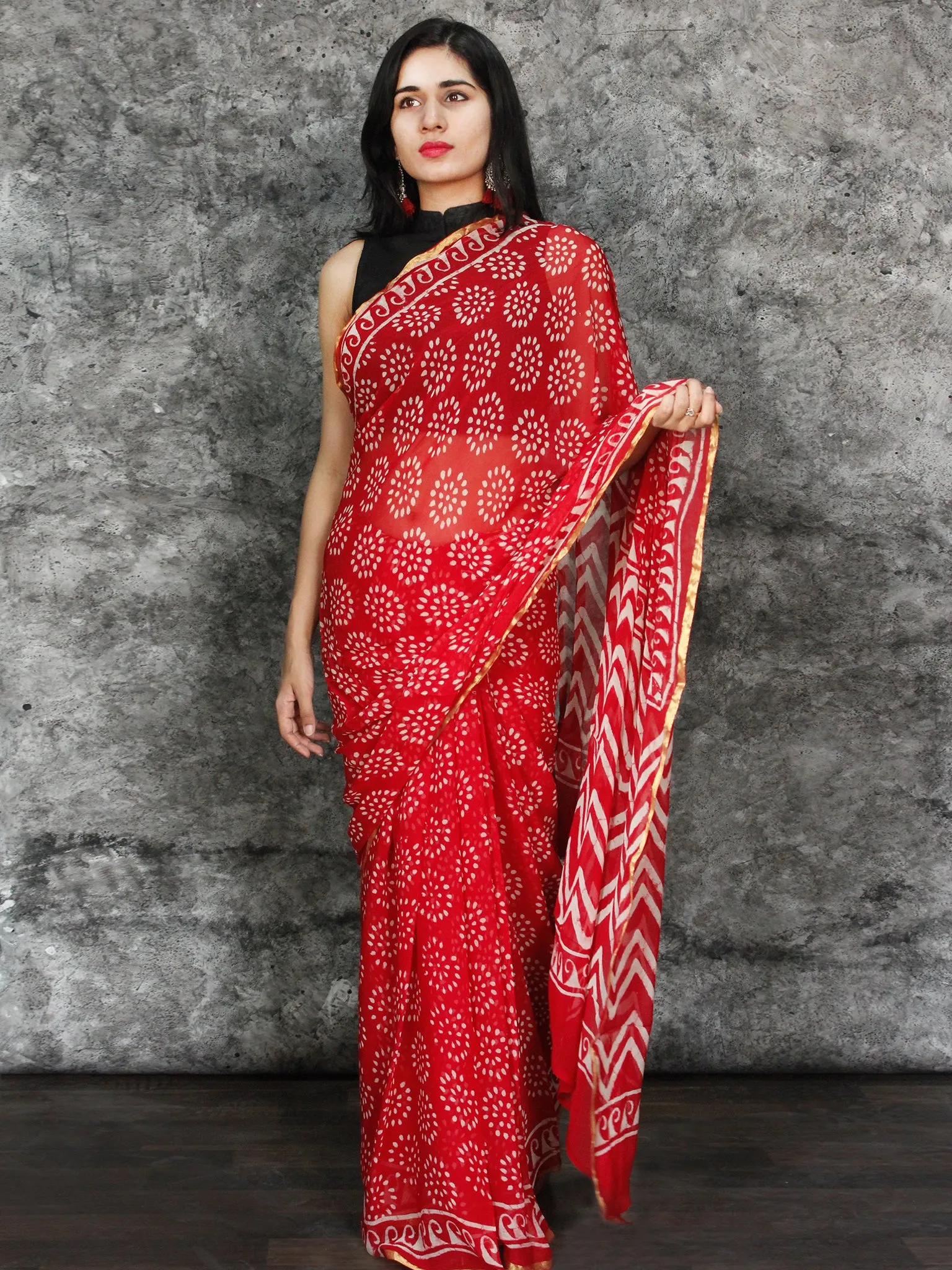 Red White Hand Block Printed Chiffon Saree with Zari Border - S031703117