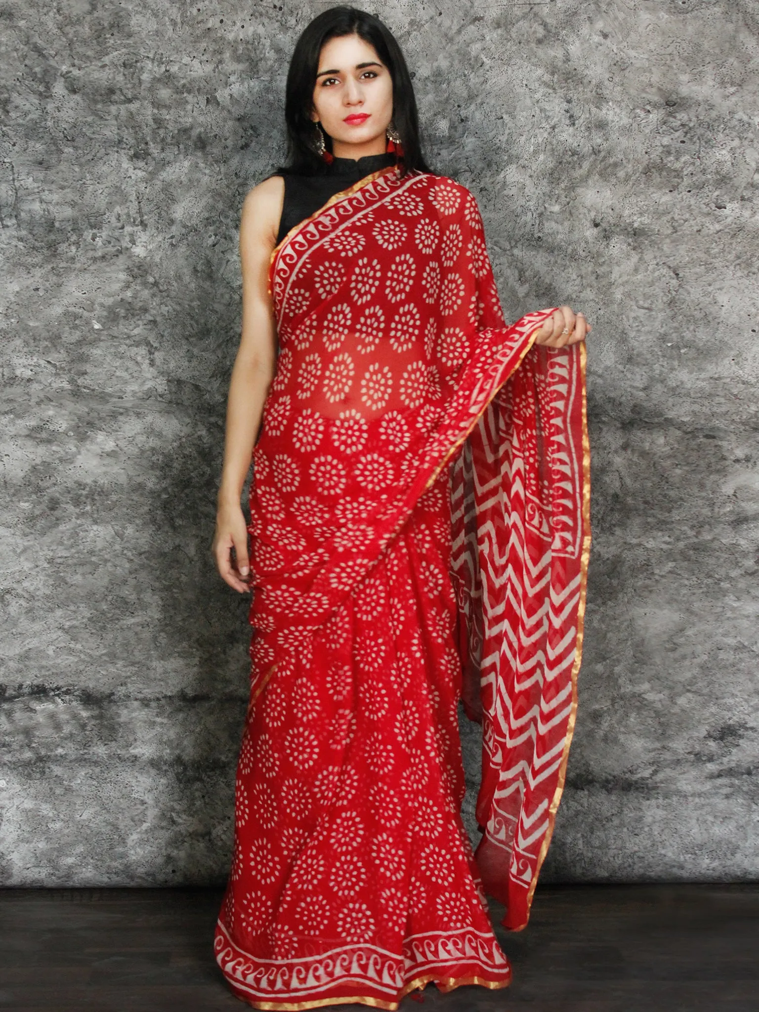 Red White Hand Block Printed Chiffon Saree with Zari Border - S031703117