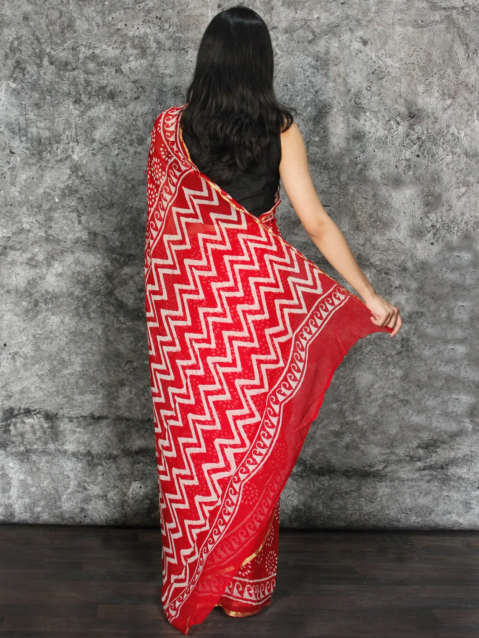 Red White Hand Block Printed Chiffon Saree with Zari Border - S031703117