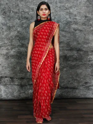 Red White Hand Block Printed Chiffon Saree with Zari Border - S031703128