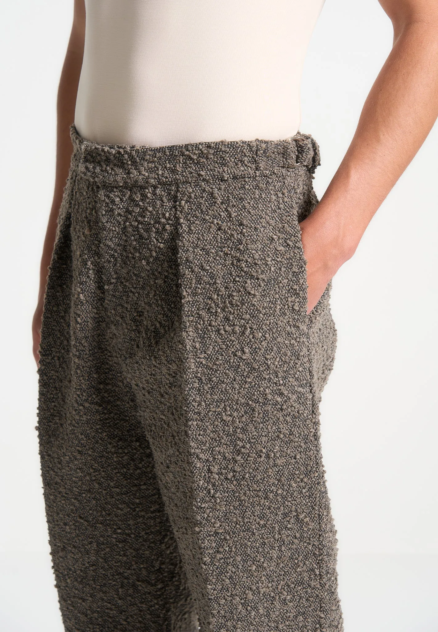 Relaxed Fit Boucle Pleated Tailored Trousers - Brown