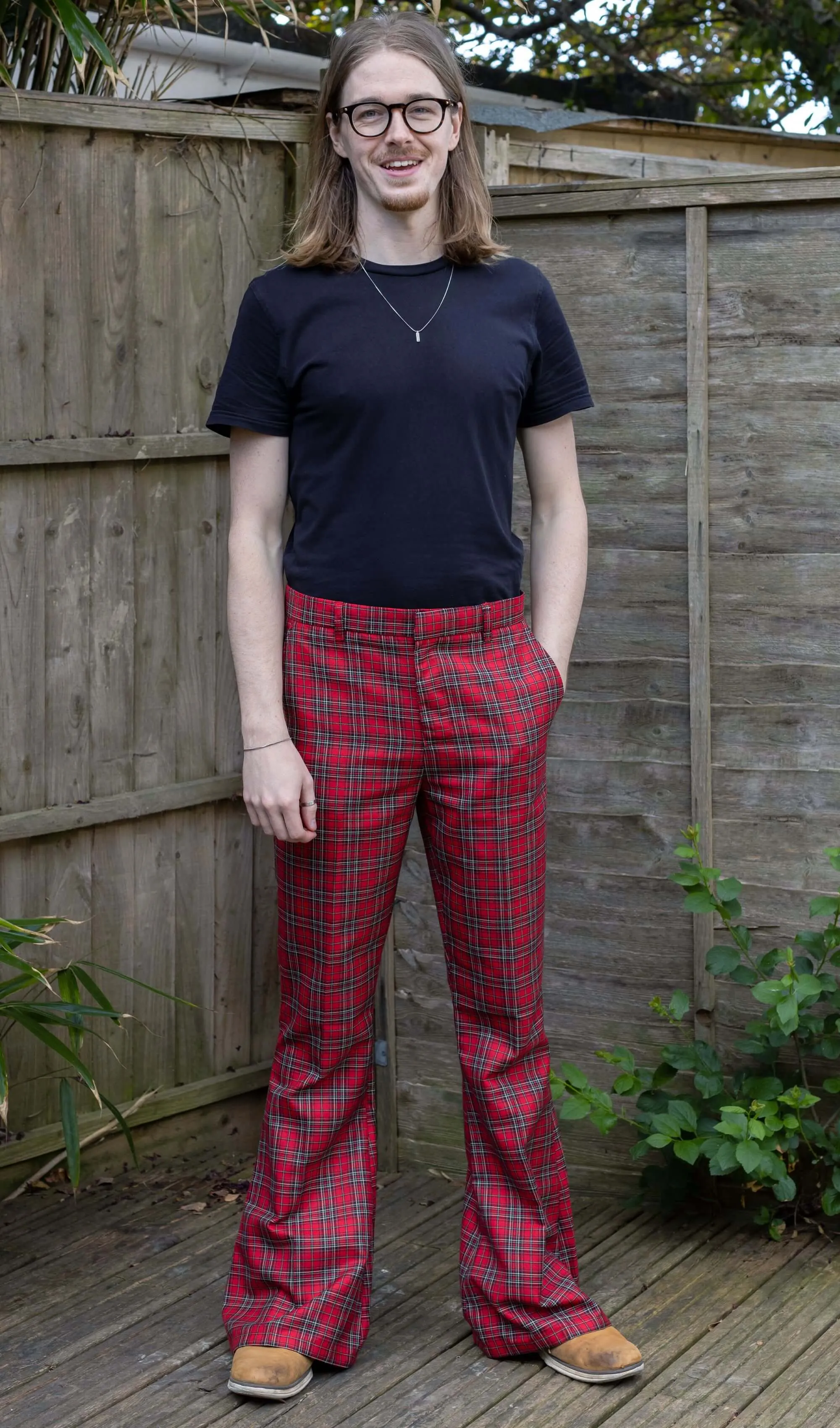 Retro Red Royal Stewart Tartan Plaid Bell Bottom Trousers