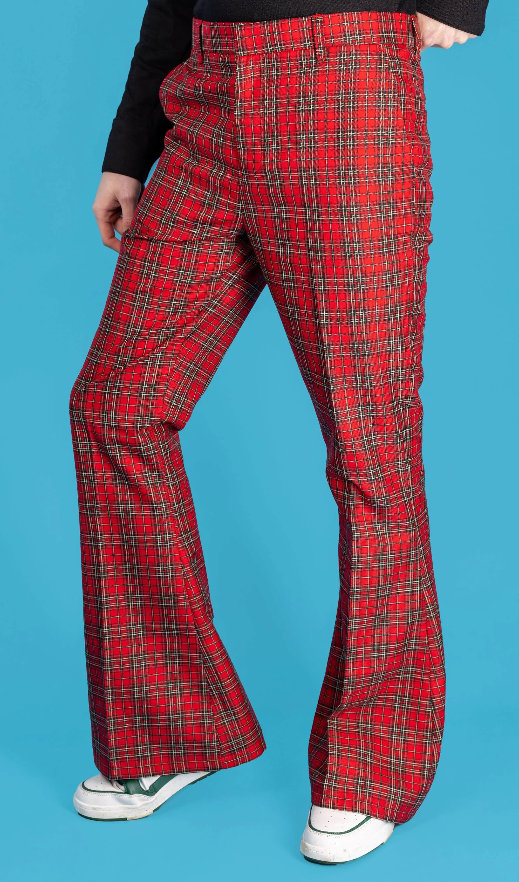 Retro Red Royal Stewart Tartan Plaid Bell Bottom Trousers