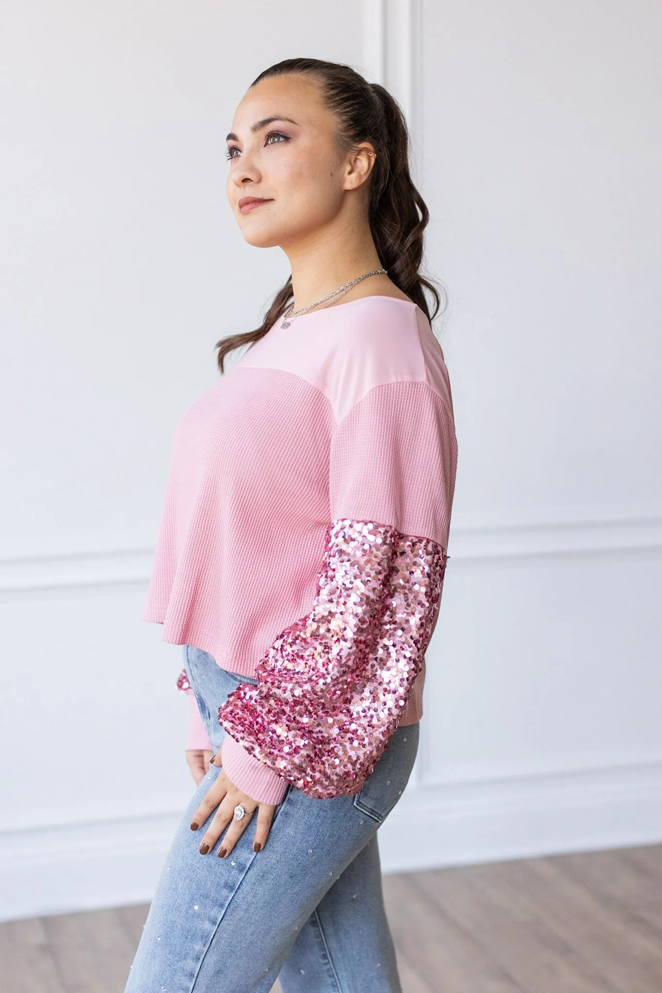 Rosy Affair Waffle Knit with Sequin Sleeves