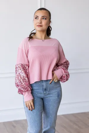 Rosy Affair Waffle Knit with Sequin Sleeves