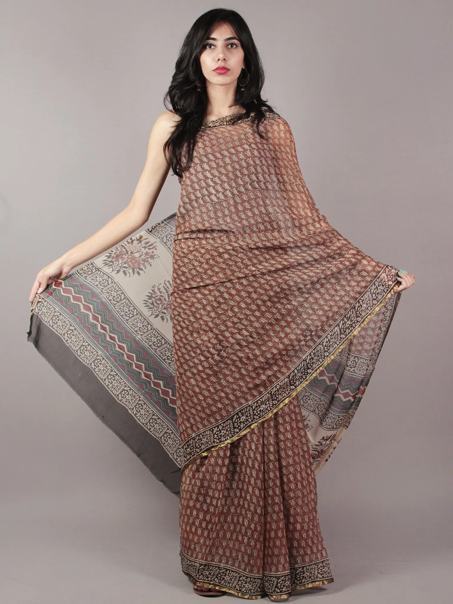 Rust Beige Maroon Black Hand Block Printed Chiffon Saree - S031701831