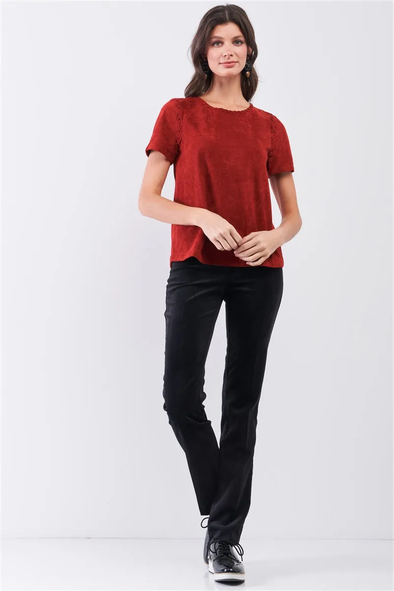 Rust Red Faux Suede Short Sleeve Round Neck Cross Stitching Detail Relaxed Top