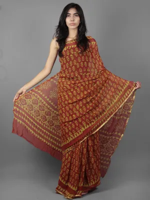 Rust Yellow Hand Block Printed Chiffon Saree - S031701893