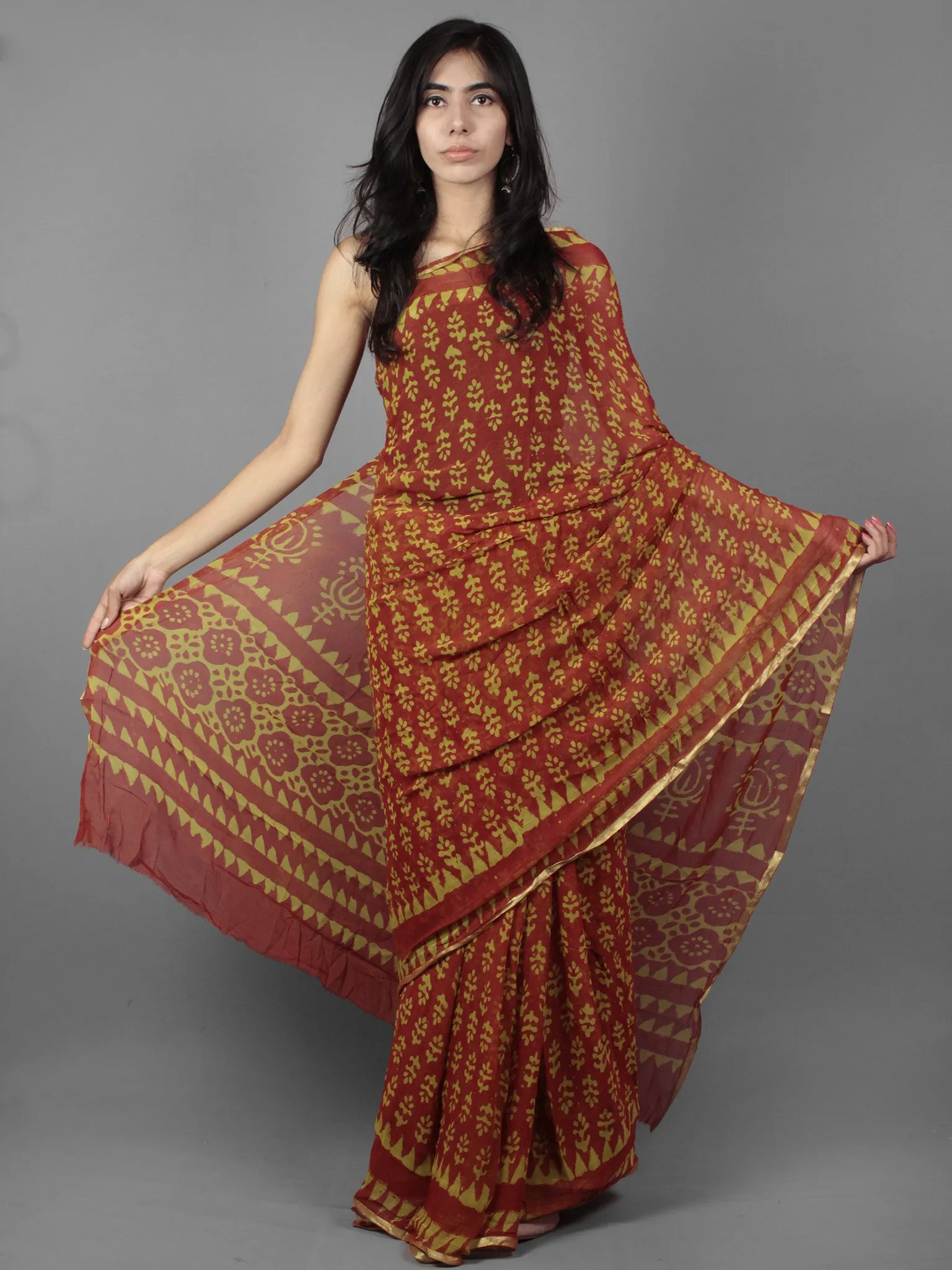 Rust Yellow Hand Block Printed Chiffon Saree - S031701893