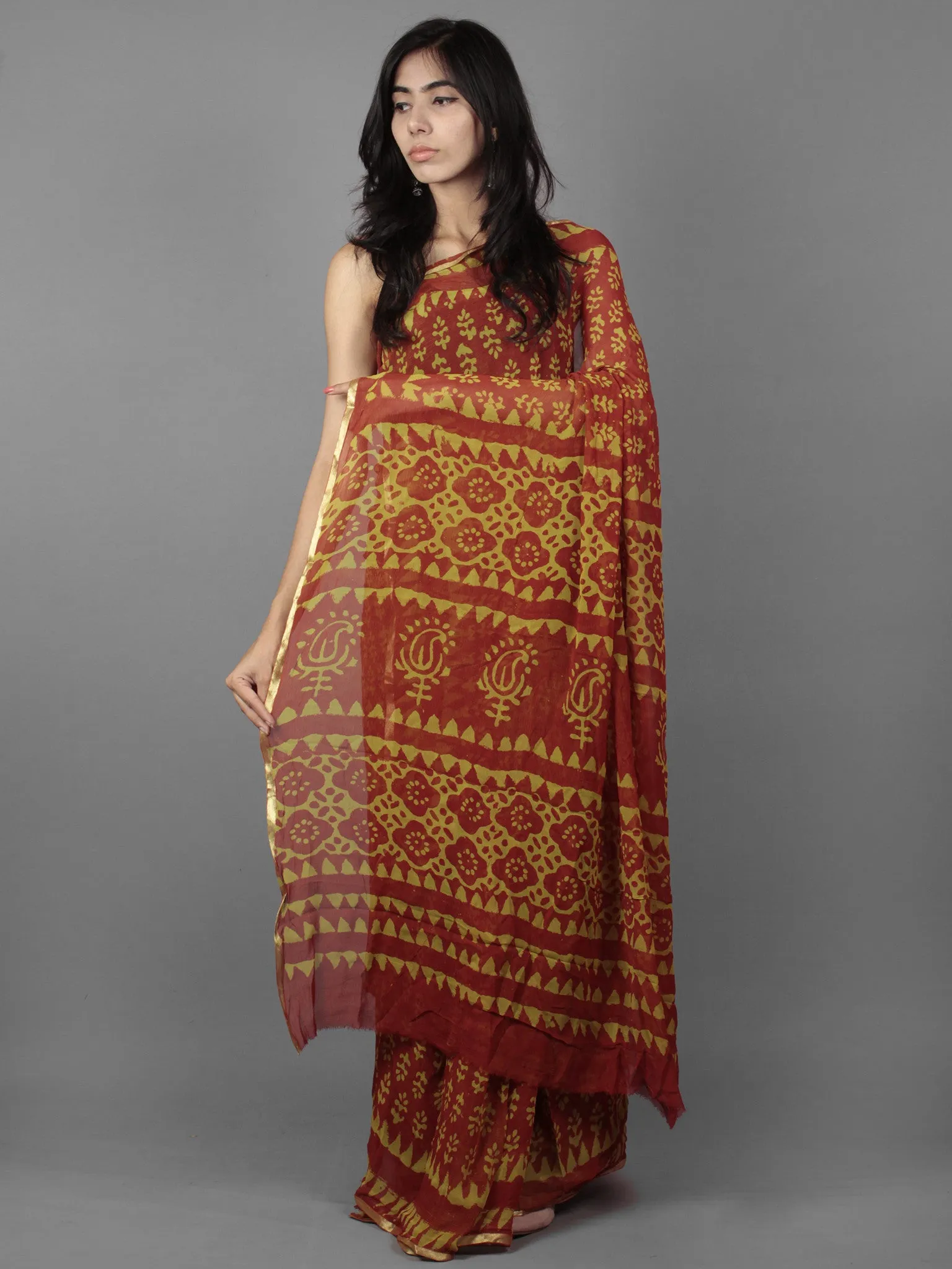 Rust Yellow Hand Block Printed Chiffon Saree - S031701893