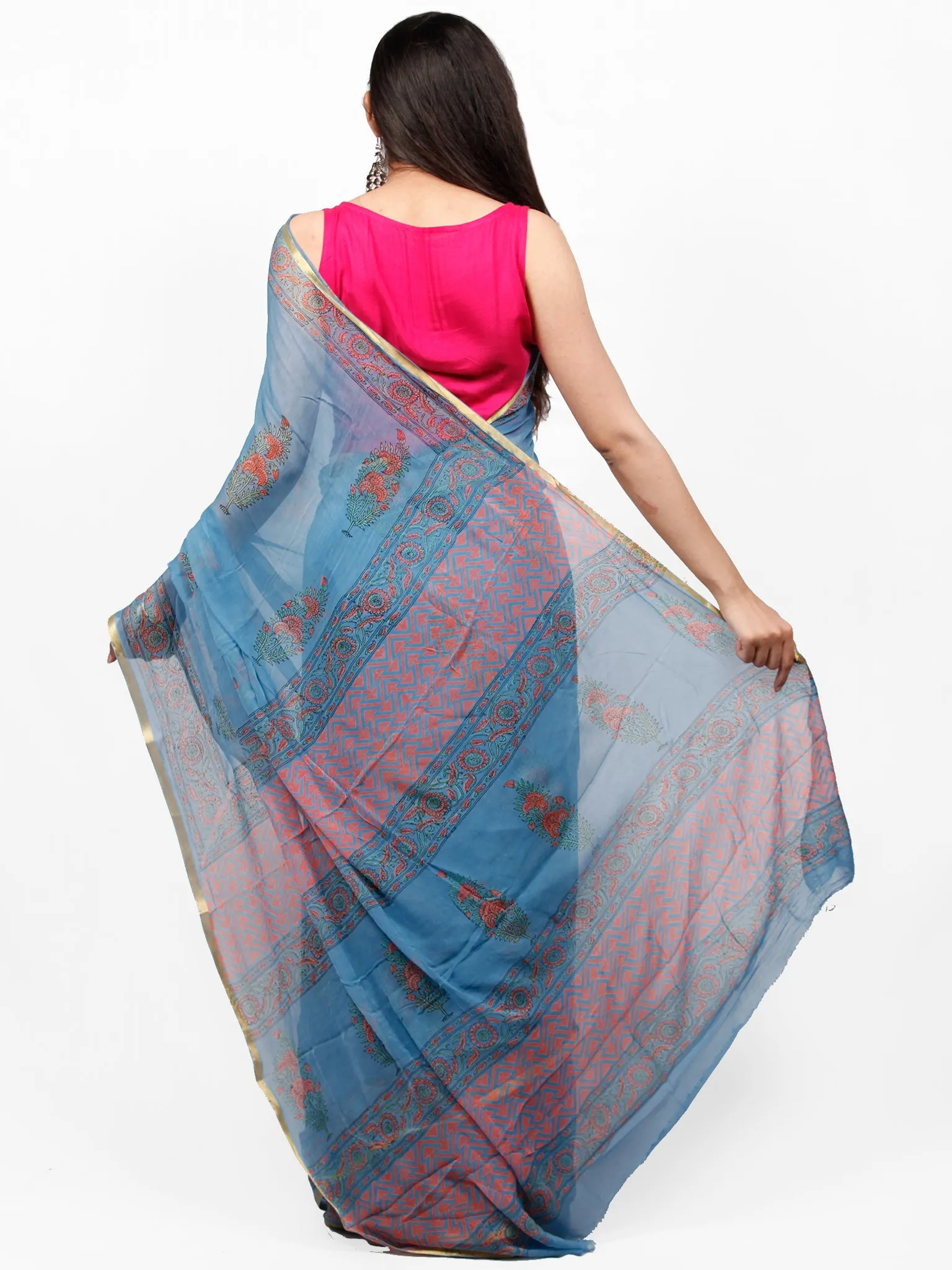 Sky Blue Coral Green Hand Block Printed Chiffon Saree with Zari Border - S031703264