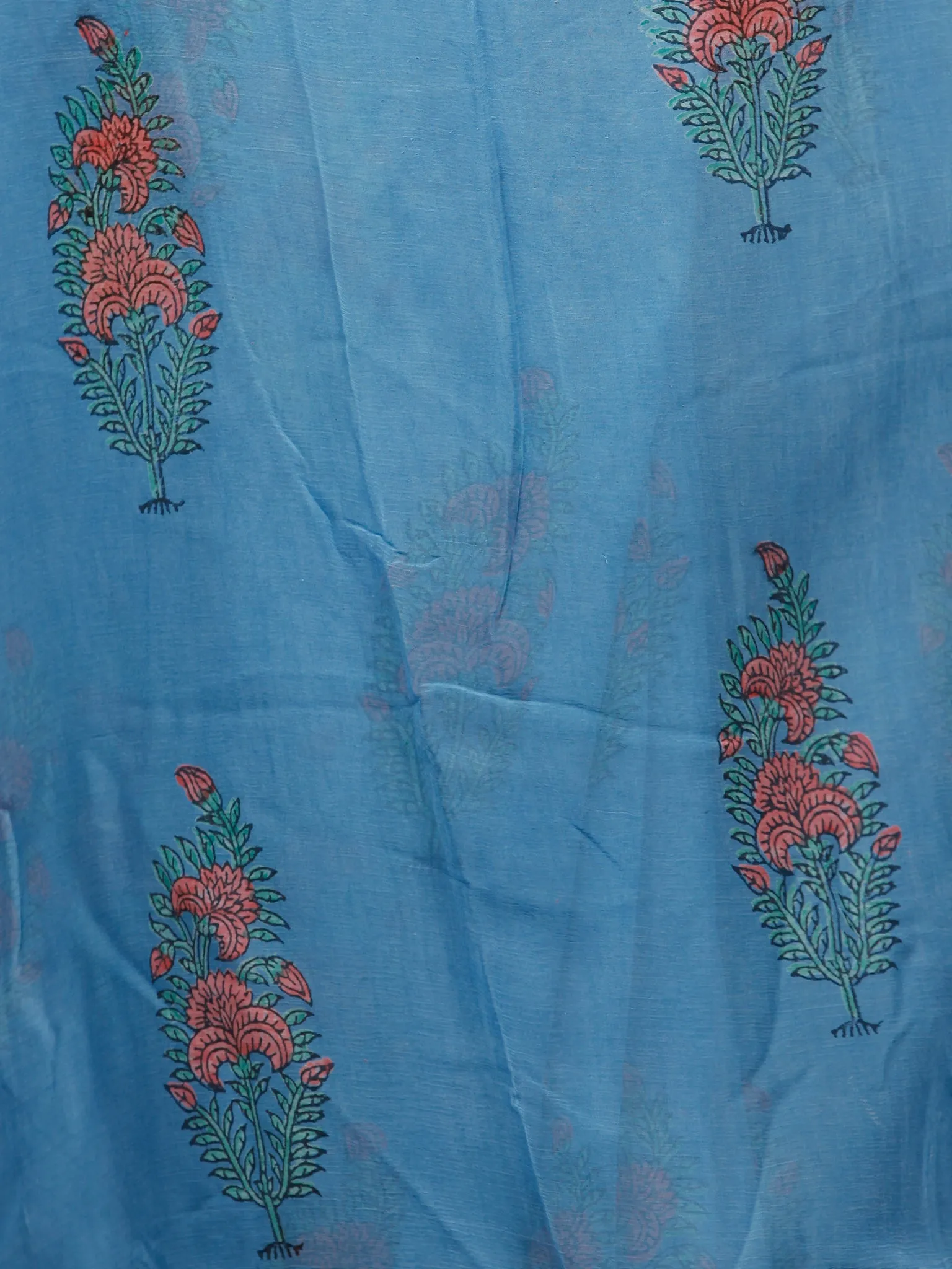 Sky Blue Coral Green Hand Block Printed Chiffon Saree with Zari Border - S031703264