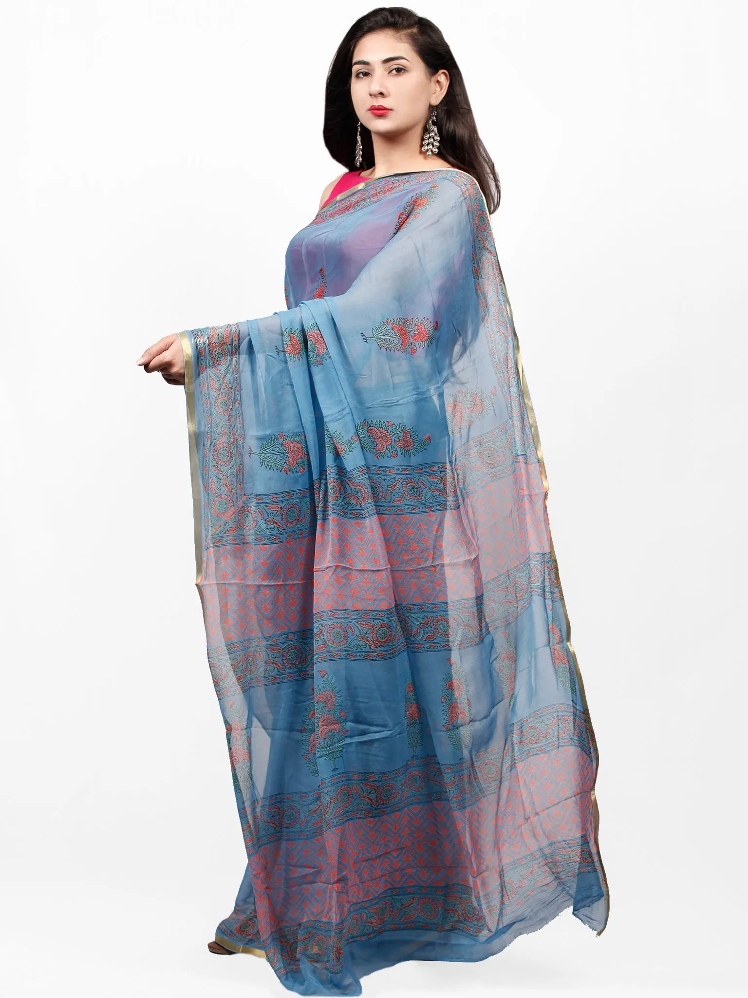 Sky Blue Coral Green Hand Block Printed Chiffon Saree with Zari Border - S031703264