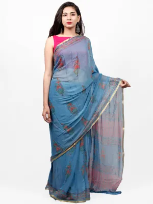 Sky Blue Coral Green Hand Block Printed Chiffon Saree with Zari Border - S031703264