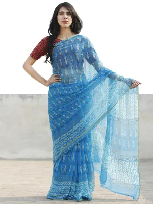 Sky Blue White Hand Block Printed Chiffon Saree with Zari border- S031702690