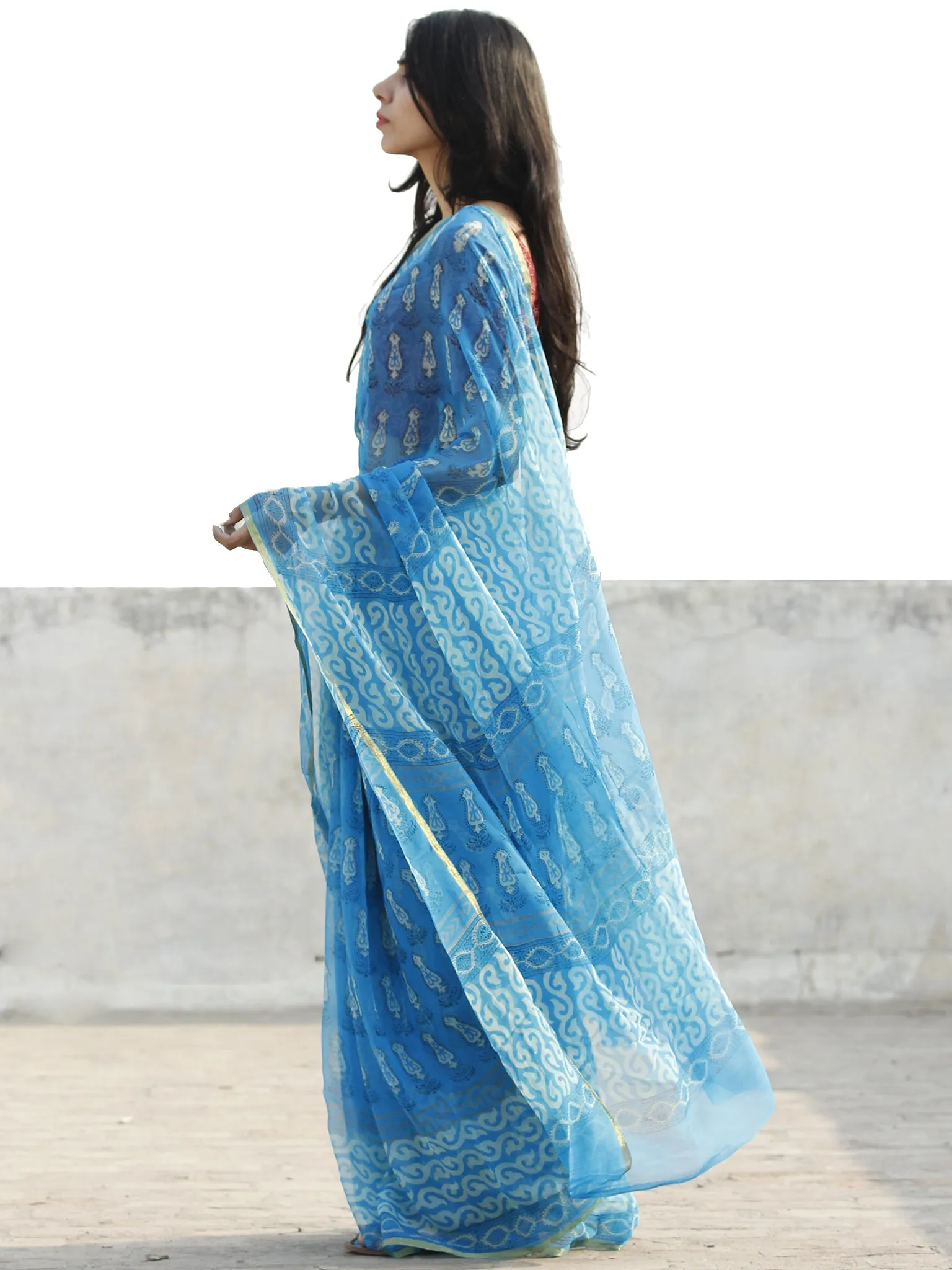 Sky Blue White Hand Block Printed Chiffon Saree with Zari border- S031702690