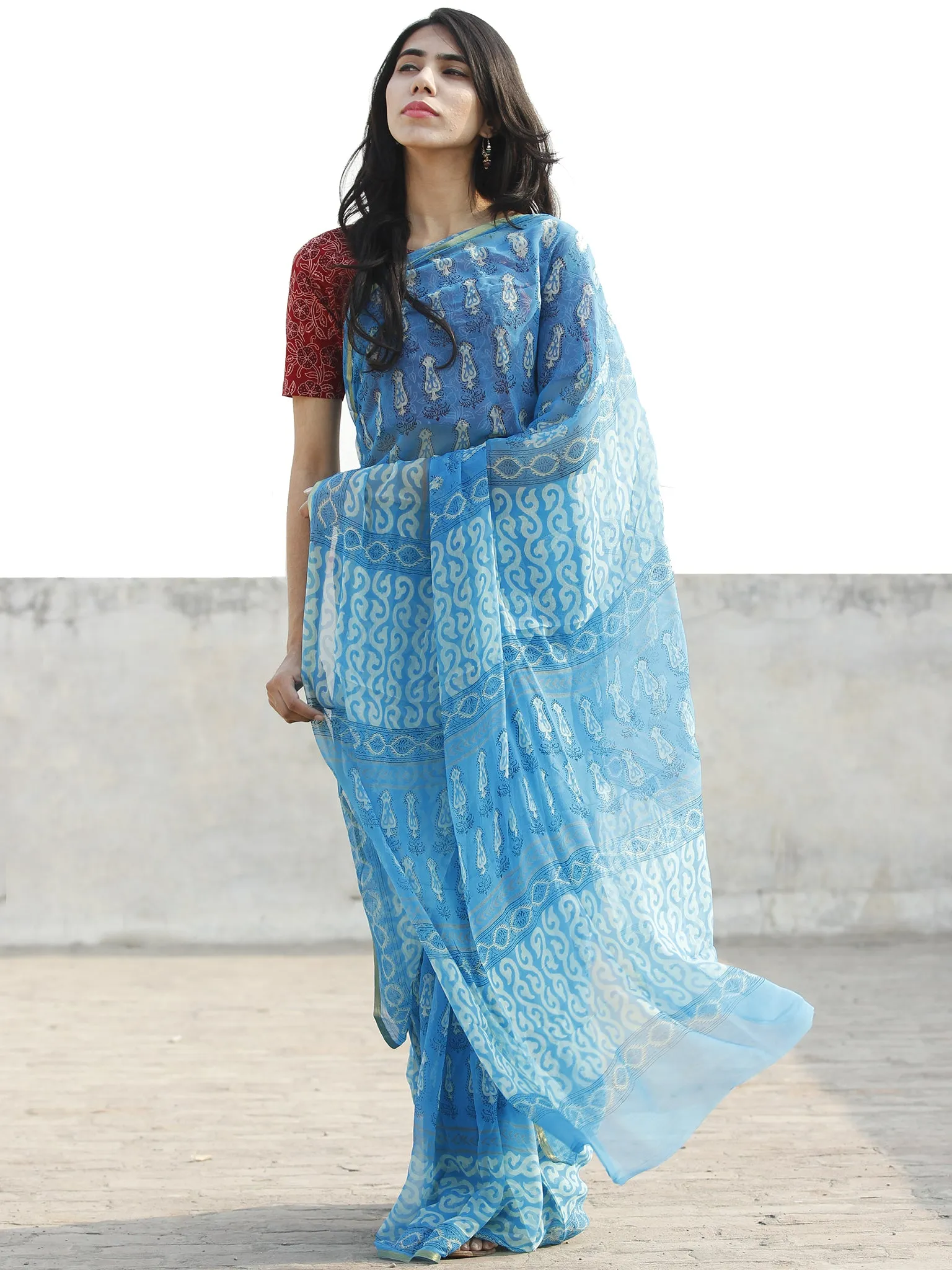 Sky Blue White Hand Block Printed Chiffon Saree with Zari border- S031702690