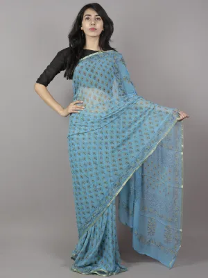 Sky Blue Yellow Hand Block Printed Chiffon Saree - S031701704