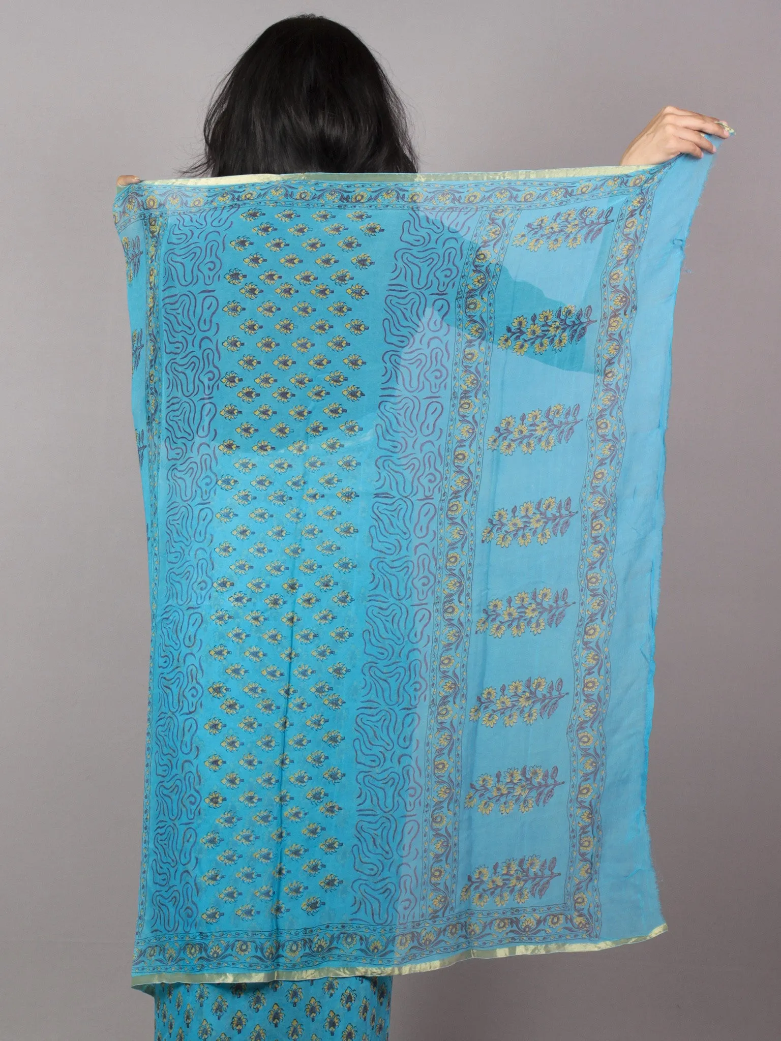 Sky Blue Yellow Hand Block Printed Chiffon Saree - S031701704