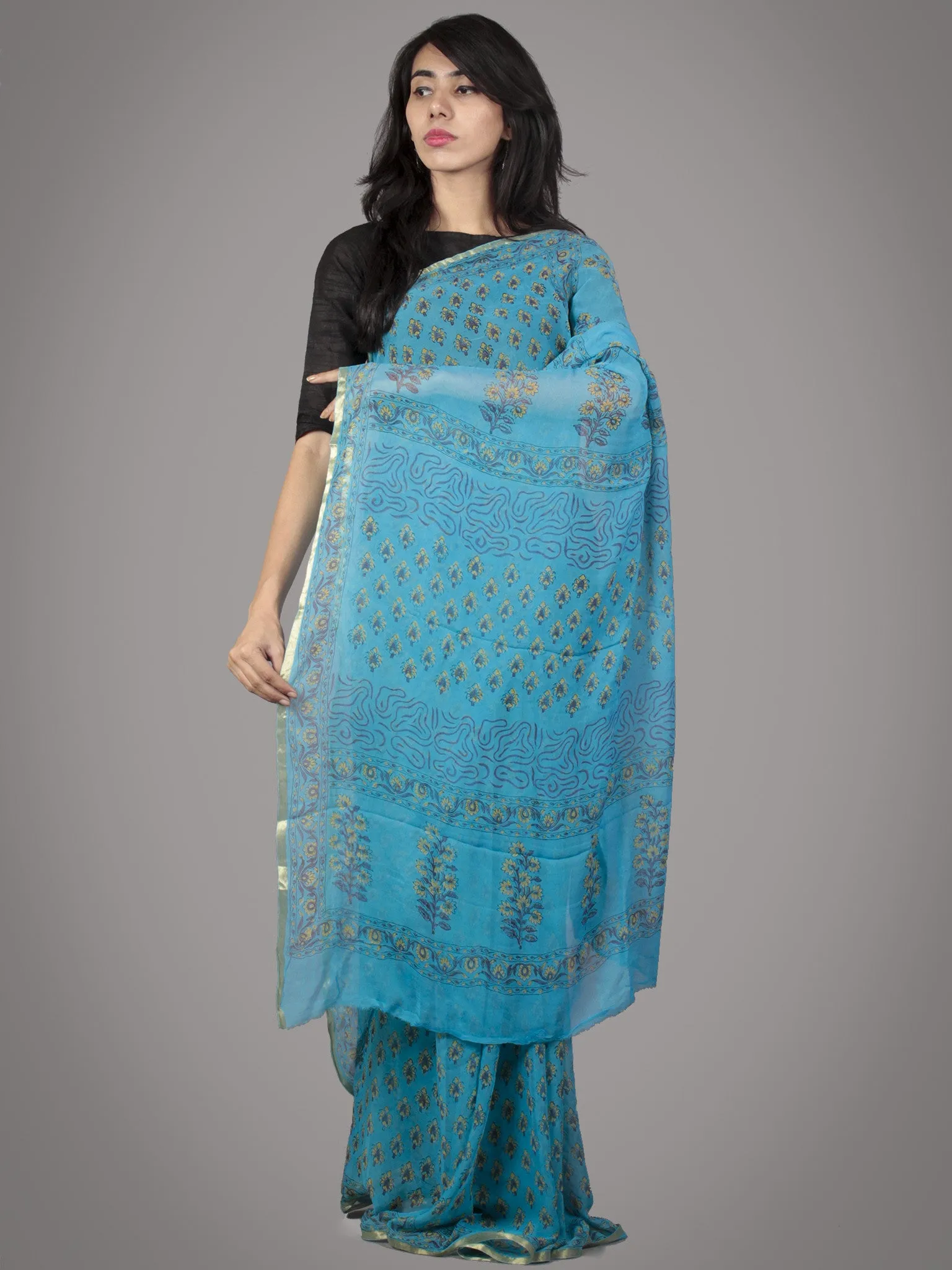 Sky Blue Yellow Hand Block Printed Chiffon Saree - S031701704