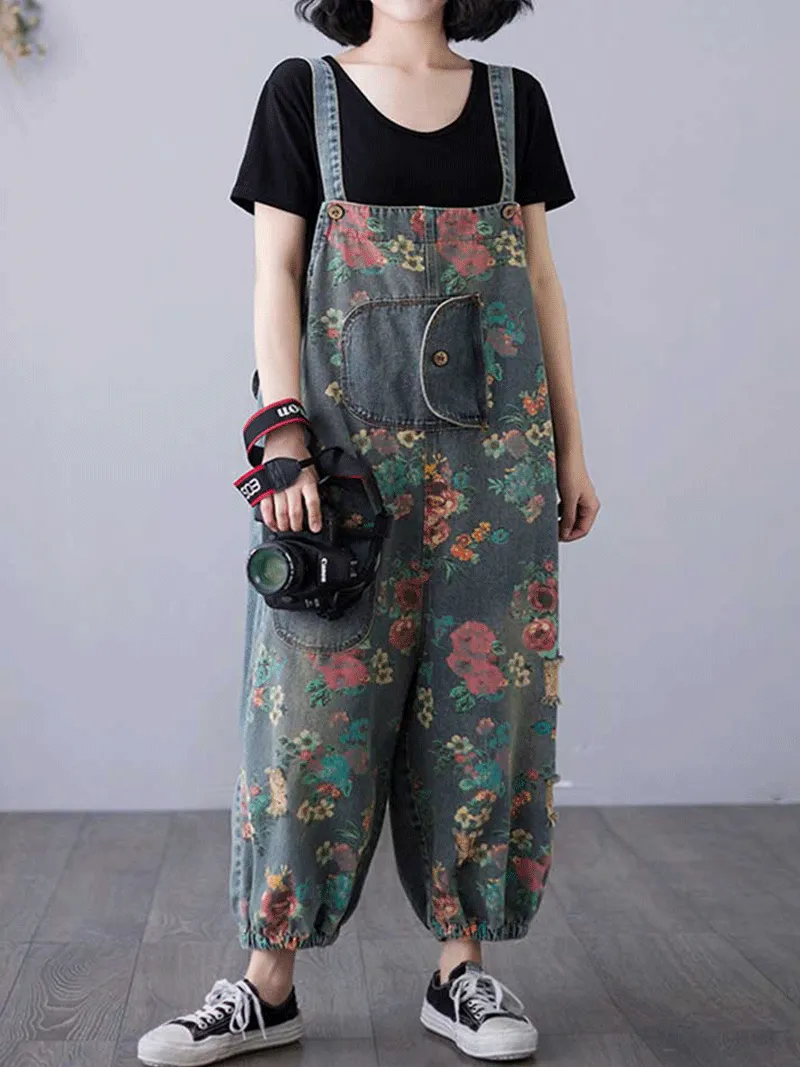 Sound Of Heartbeat Denim Printed Overalls Dungarees