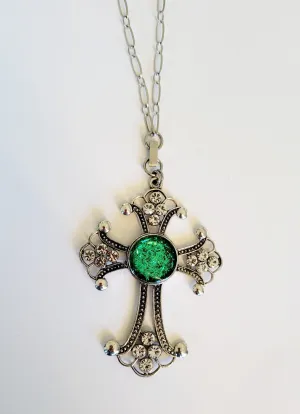 Sweater length necklace with detachable cross pendant and snap