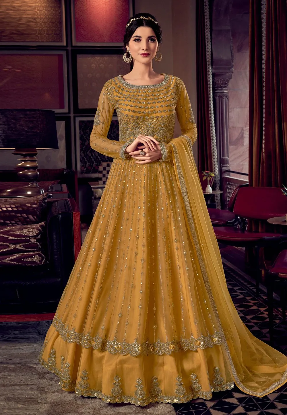 Tempting Yellow Net Embroidered Designer Anarkali Suit