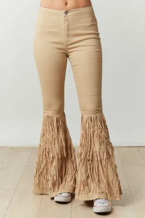 Tiered Fringe Flare Denim Pants - Taupe