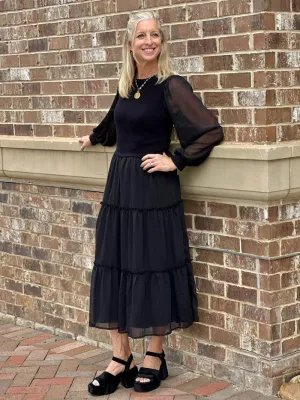 Tiered Twirl Midi Dress - Black