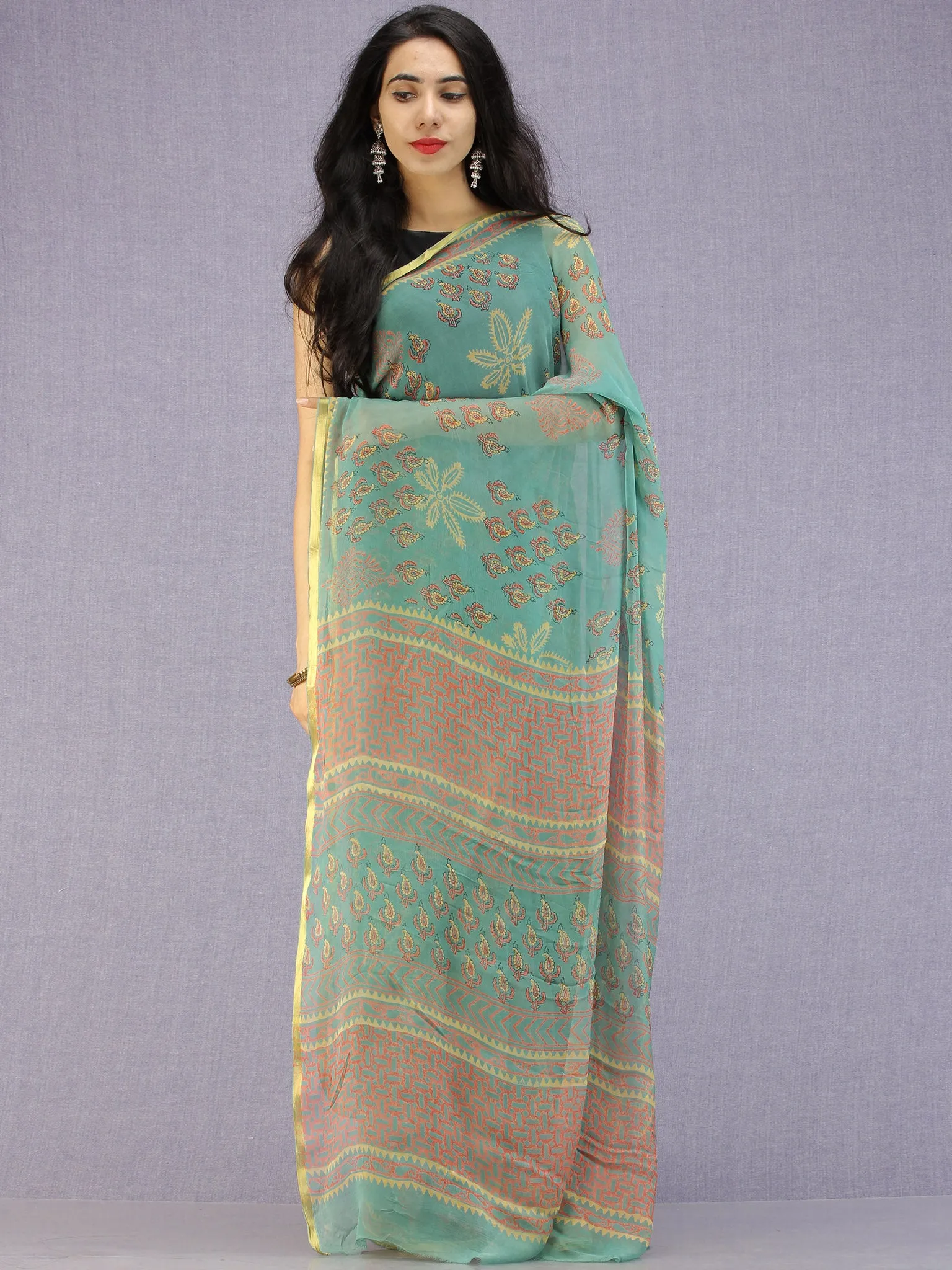 Turquoise Coral Yellow Hand Block Printed Chiffon Saree with Zari Border - S031704599