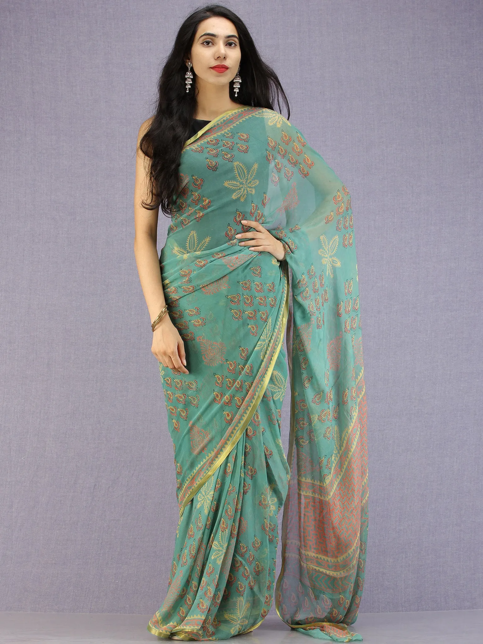 Turquoise Coral Yellow Hand Block Printed Chiffon Saree with Zari Border - S031704599