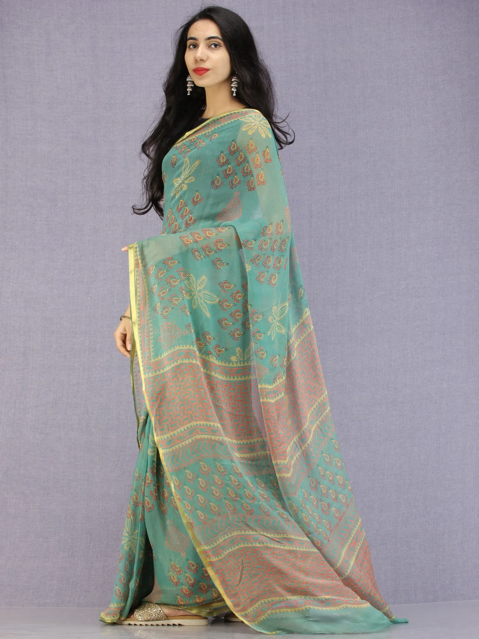 Turquoise Coral Yellow Hand Block Printed Chiffon Saree with Zari Border - S031704599