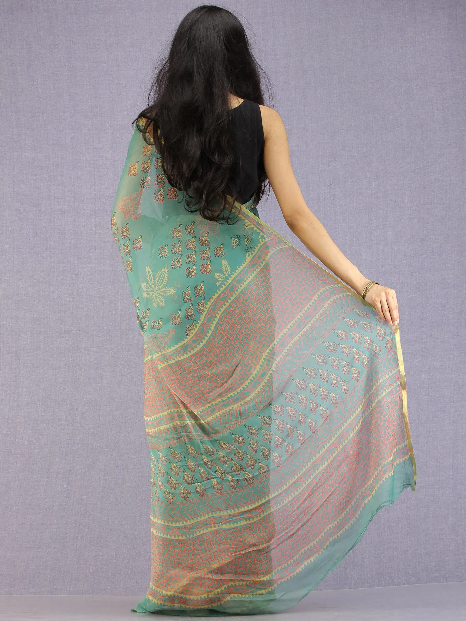 Turquoise Coral Yellow Hand Block Printed Chiffon Saree with Zari Border - S031704599