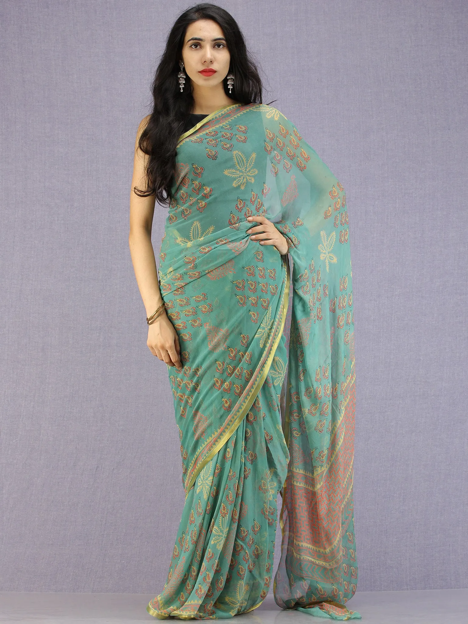 Turquoise Coral Yellow Hand Block Printed Chiffon Saree with Zari Border - S031704599