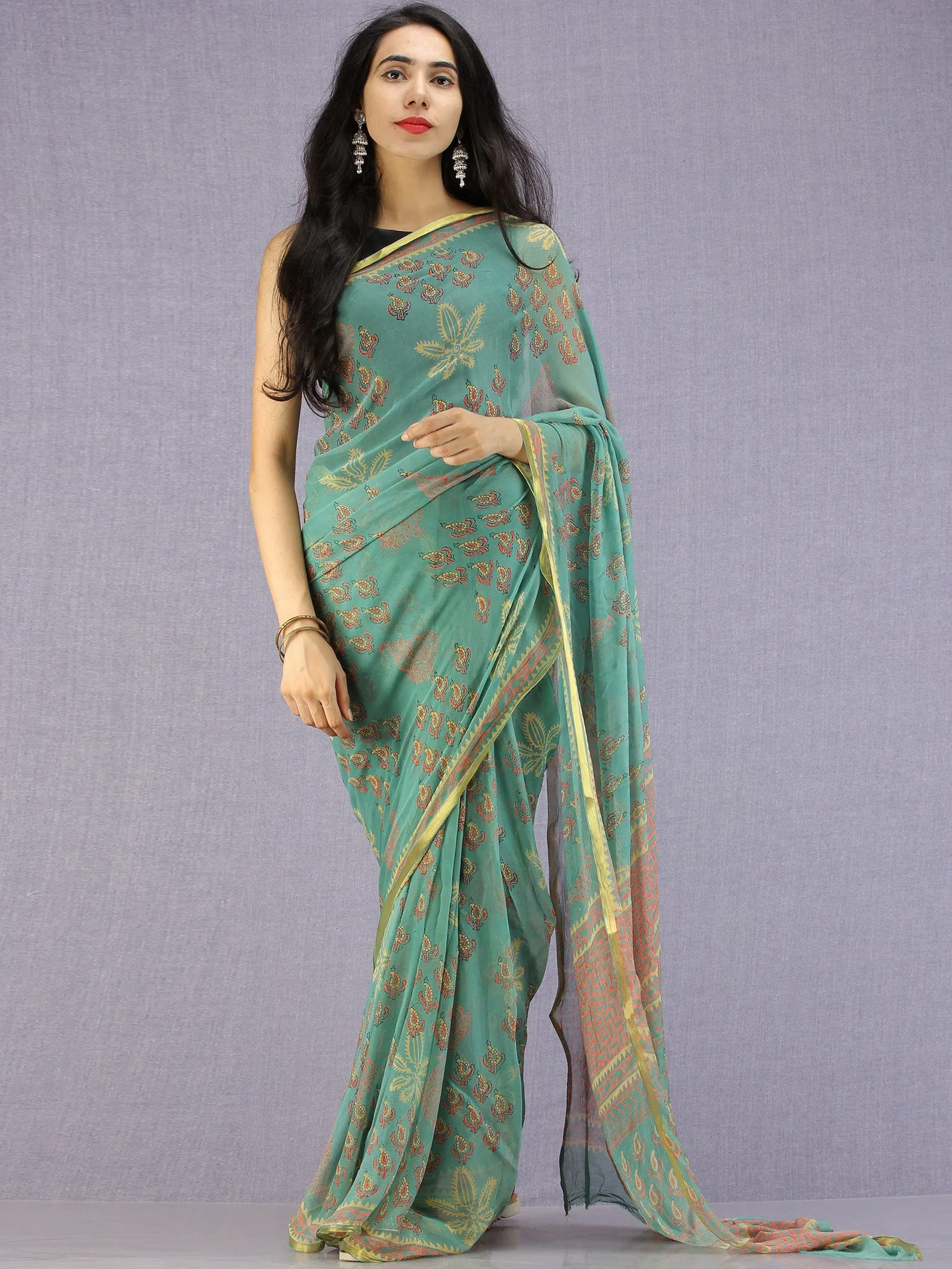 Turquoise Coral Yellow Hand Block Printed Chiffon Saree with Zari Border - S031704599