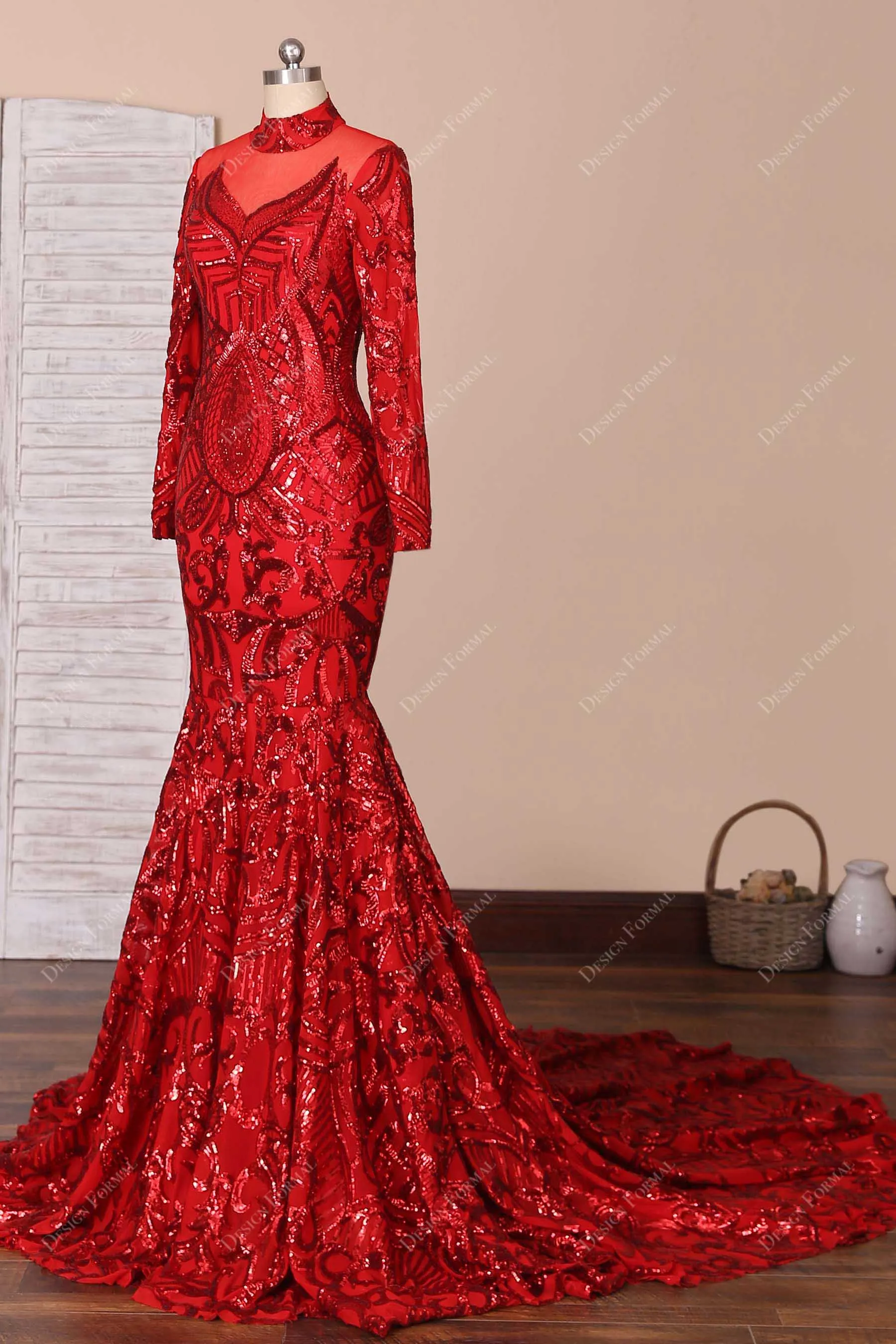 Unique Red Sequin Long Sleeve Mermaid Prom Dress