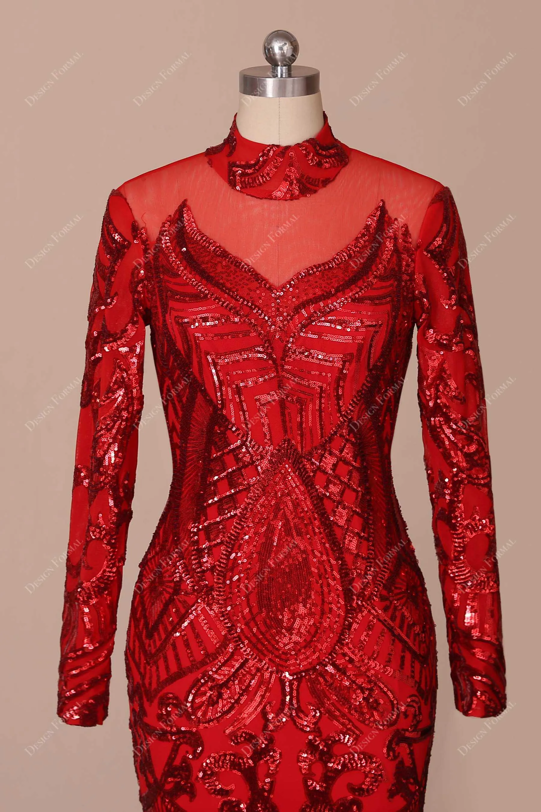 Unique Red Sequin Long Sleeve Mermaid Prom Dress